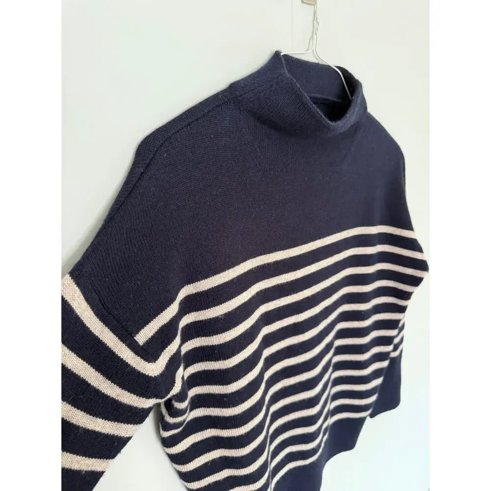 THE RESET 'R LABEL' Women's Wool Cashmere Blend Striped Mock Neck Sweater Navy